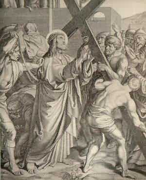 Jesus is made to bear his cross.